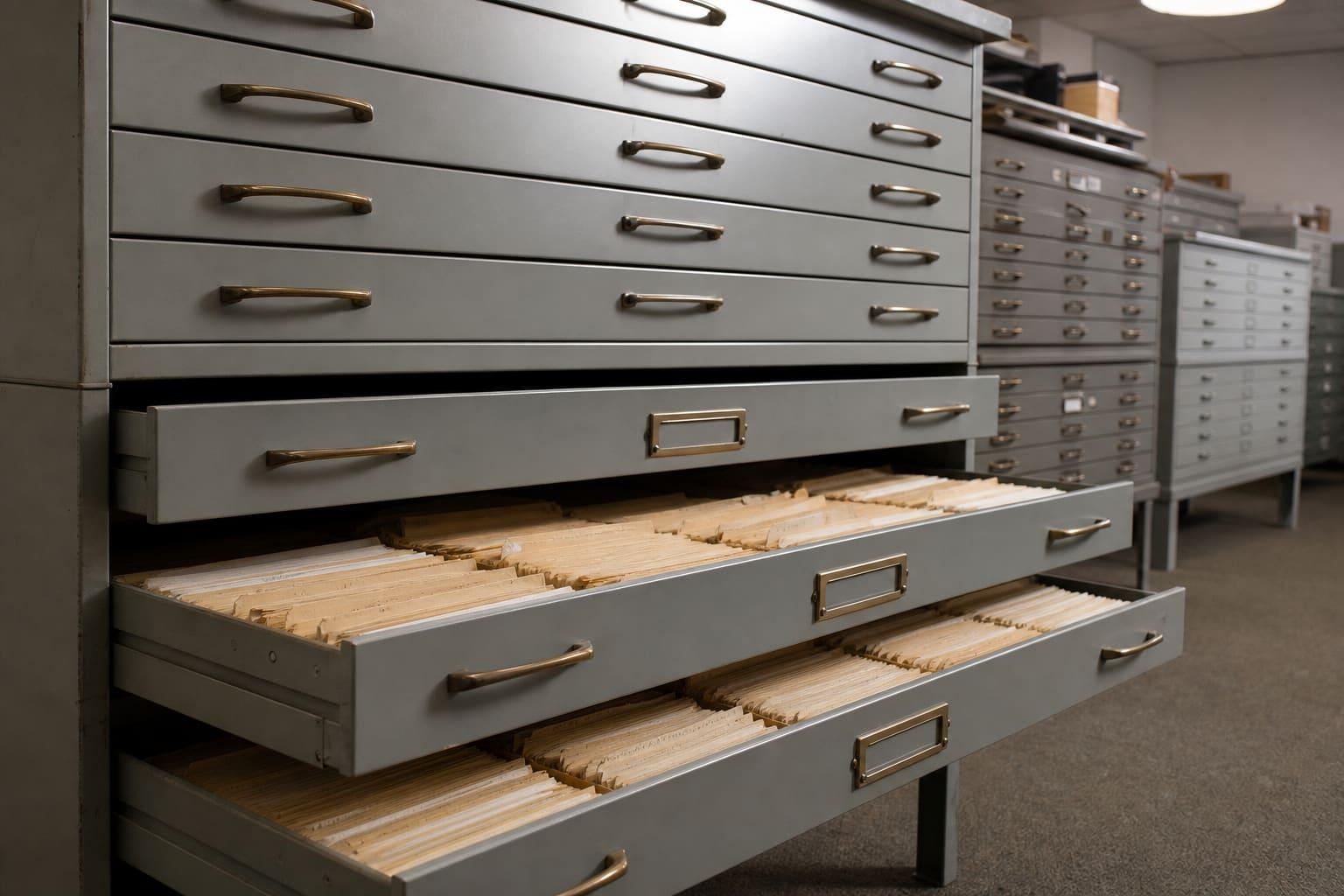 Institutional archive drawers with filing tabs