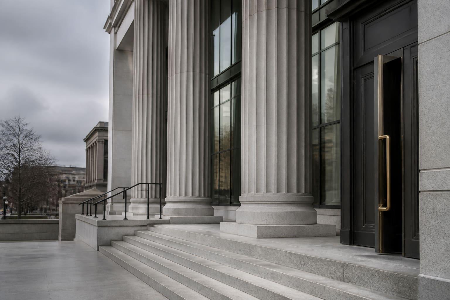 Contemporary courthouse facade with stone columns