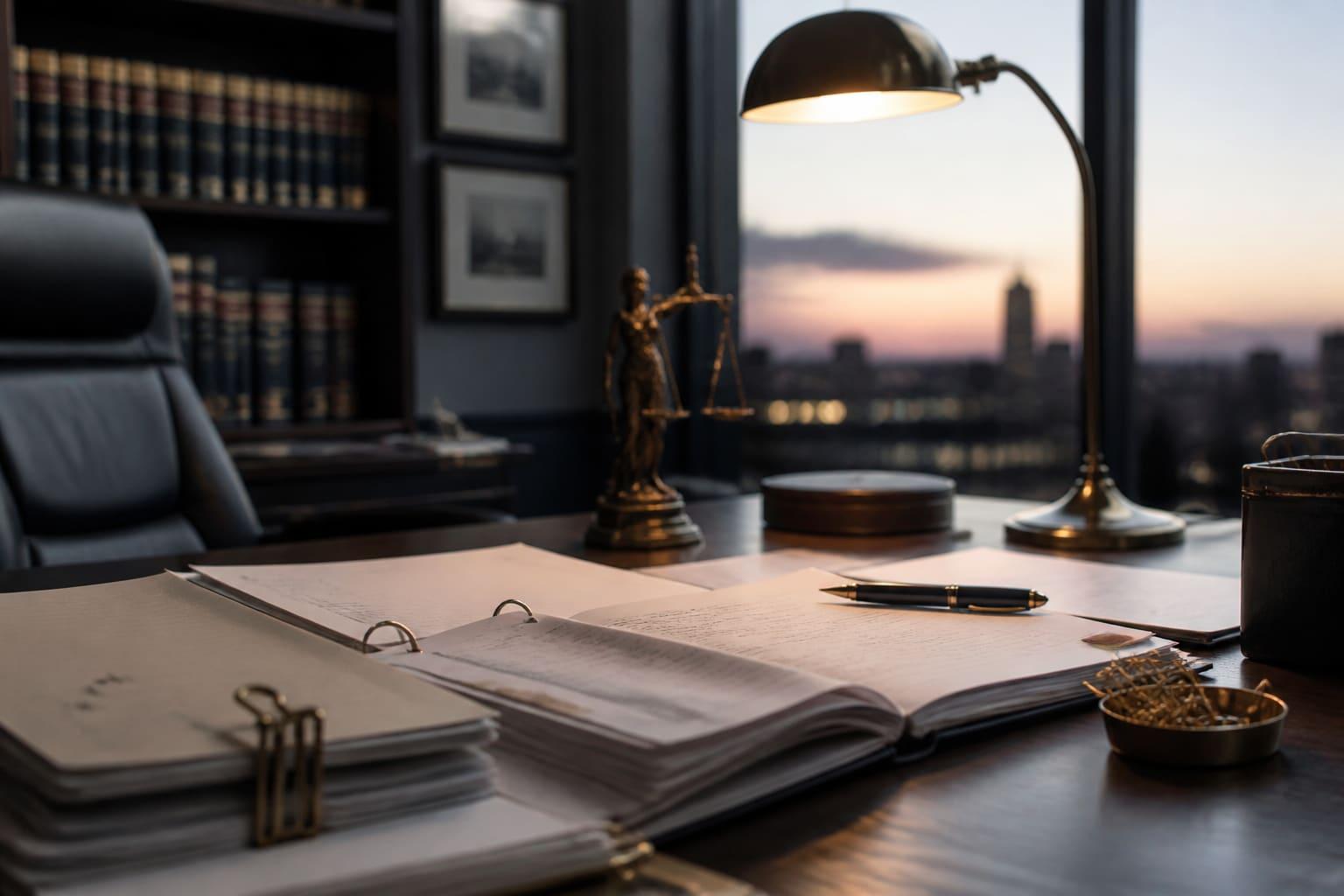 Case binders and briefing materials on a law office desk