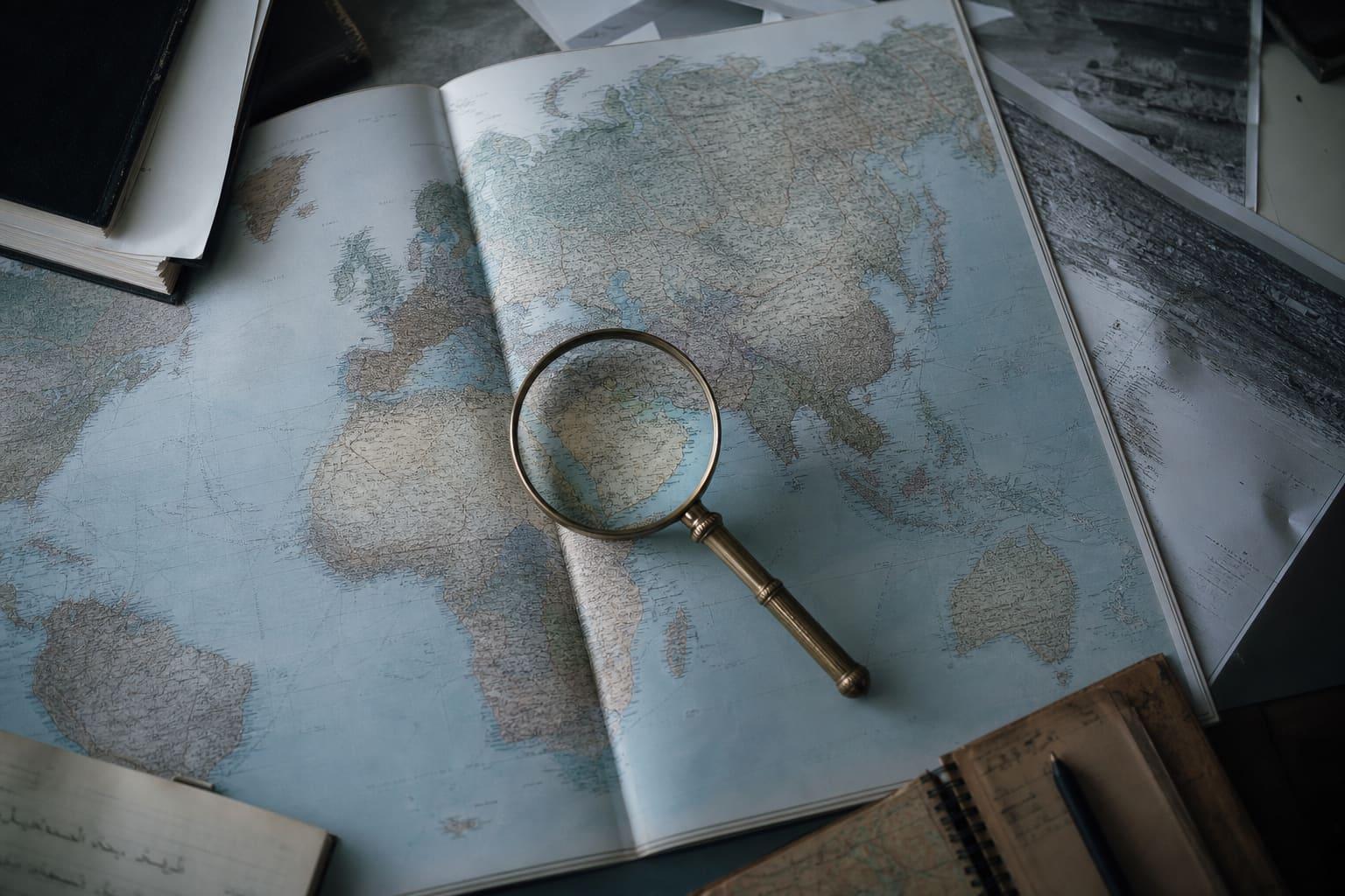 Atlas and magnifying glass for country conditions research