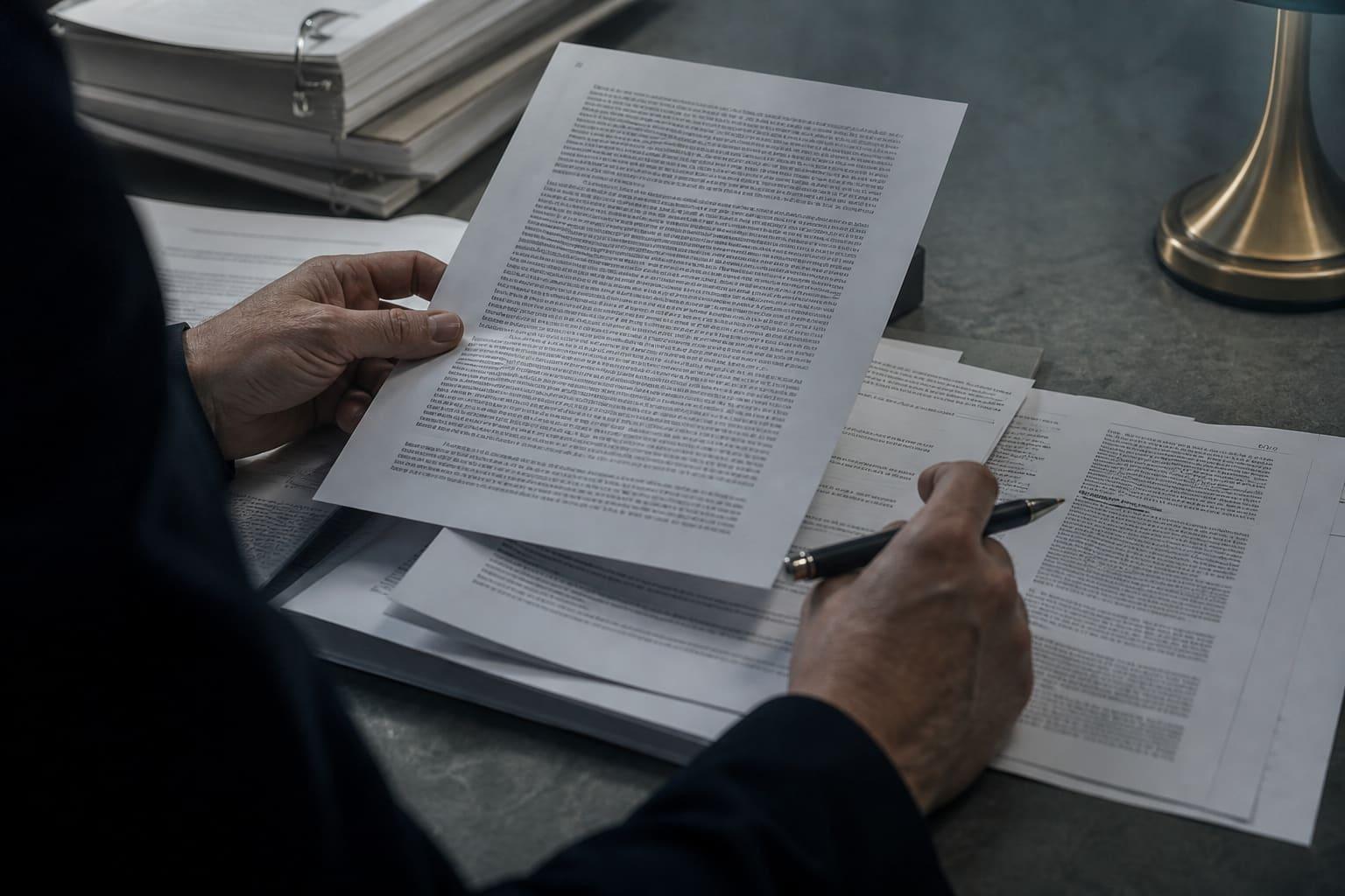 Hands reviewing formal legal briefing papers