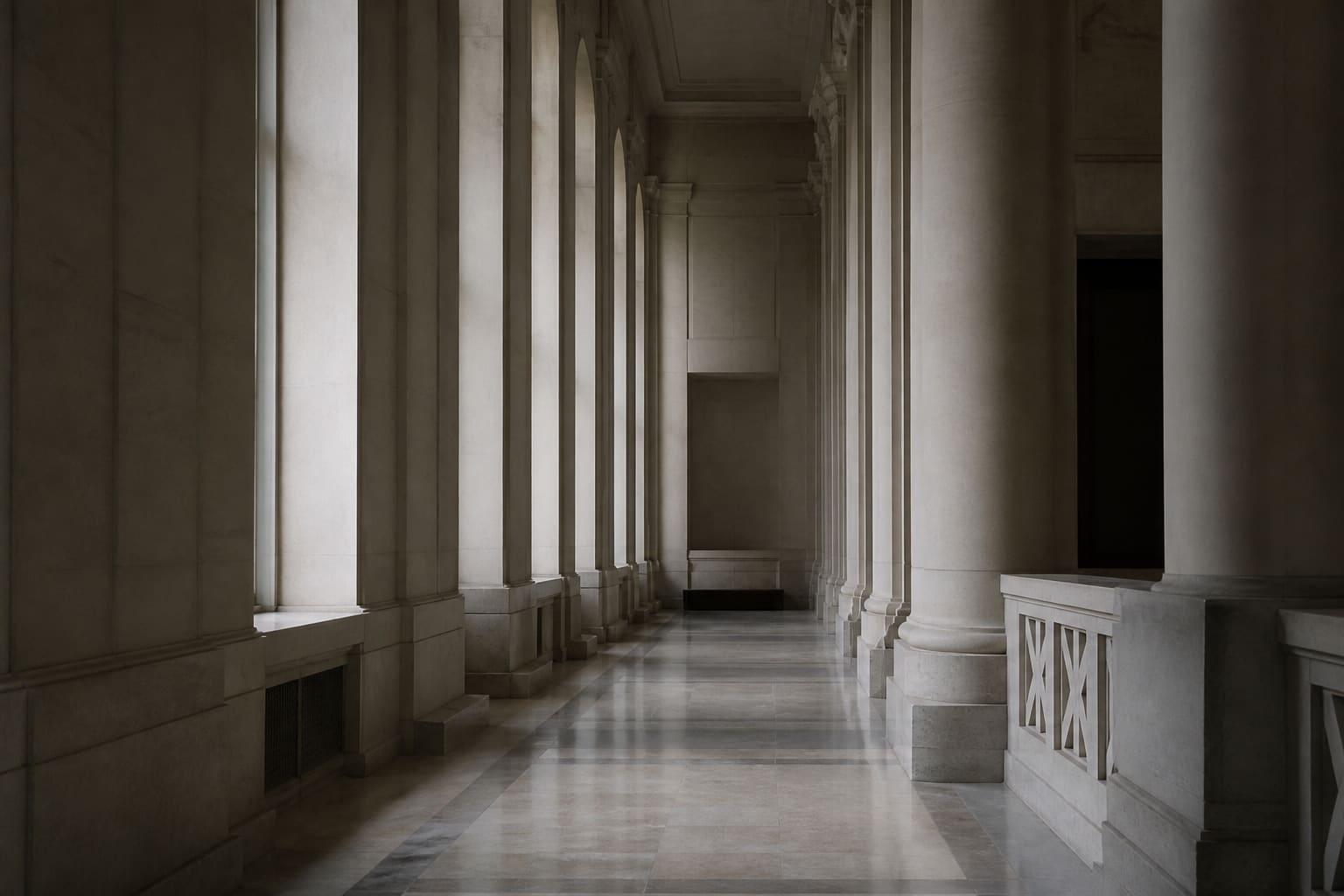 Tribunal corridor with pale stone pilasters